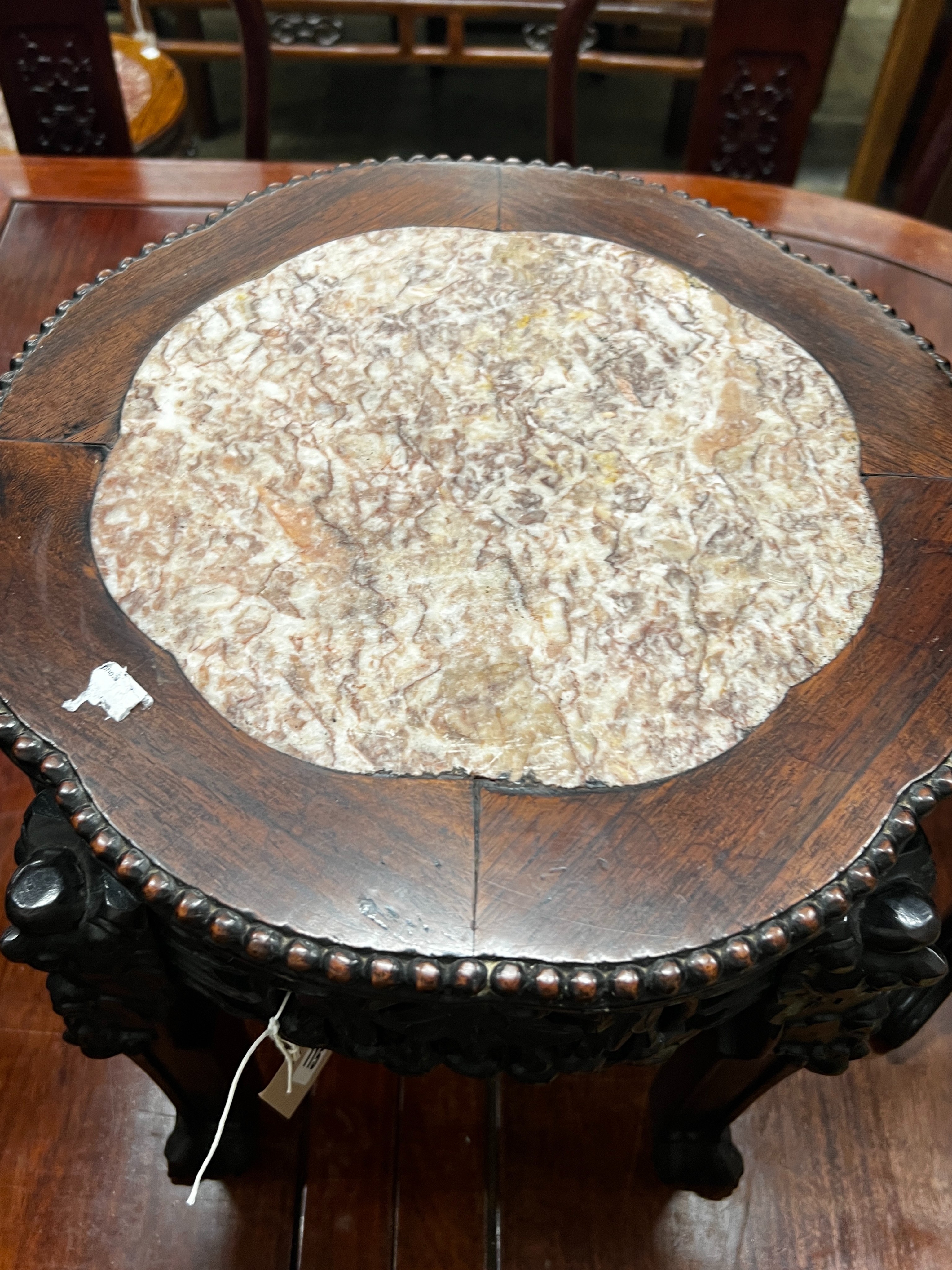 A Chinese circular marble top hongmu vase stand, diameter 36cm, height 39cm